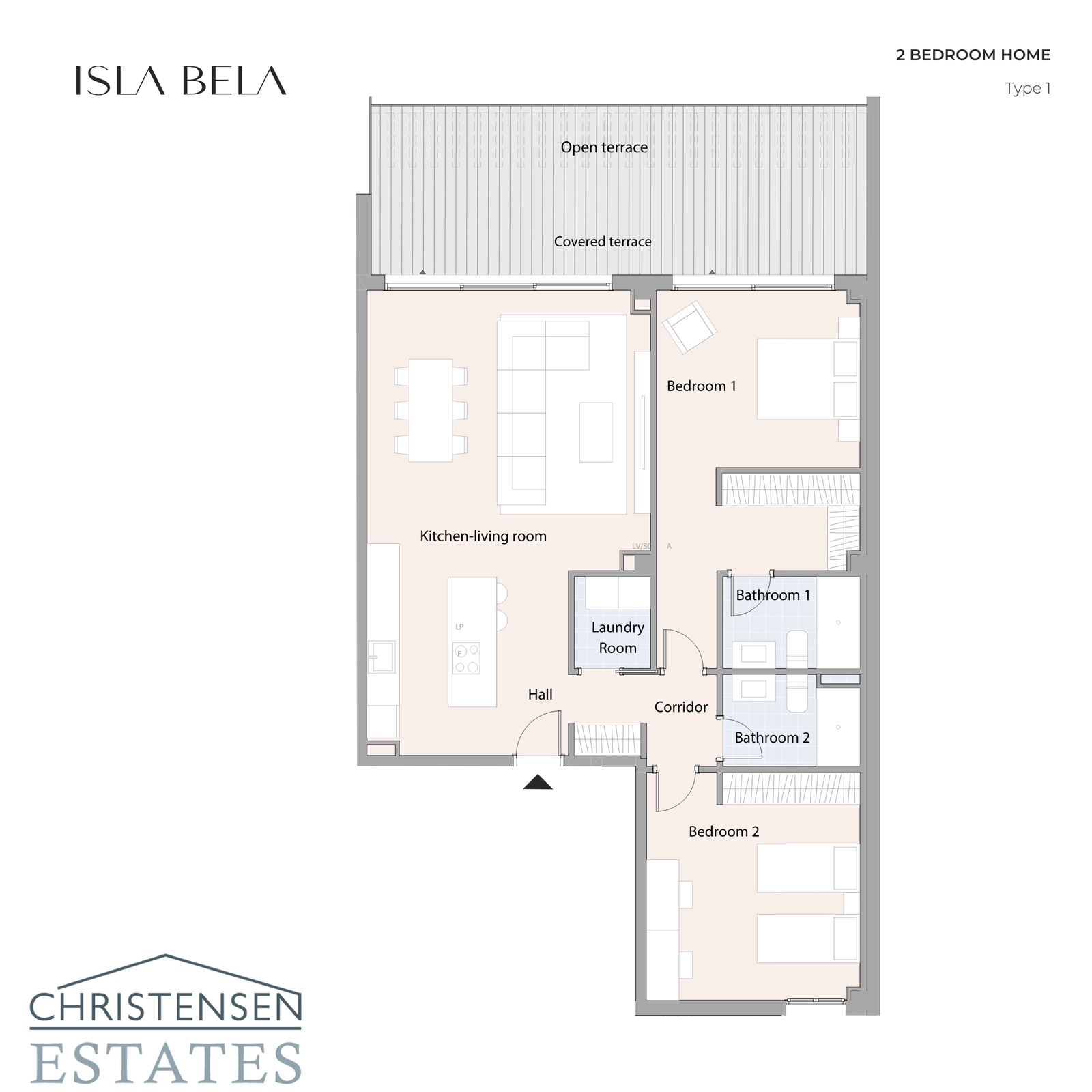 Distribución de apartamento de dos dormitorios, con un diseño inteligente que conecta el salón con una gran terraza cubierta y abierta.