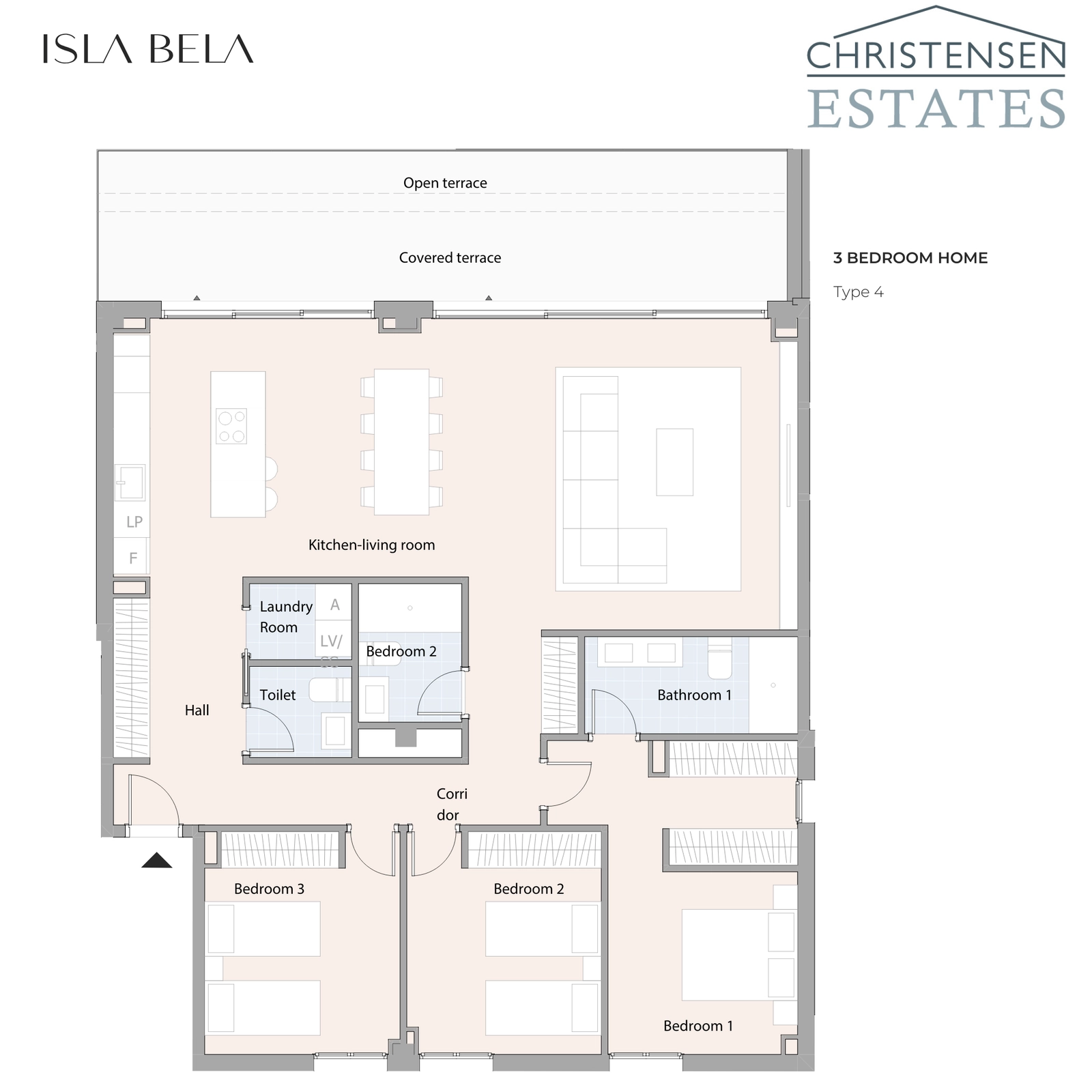 Plano de apartamento de tres dormitorios, que ofrece una distribución equilibrada del espacio para la vida familiar y la privacidad.