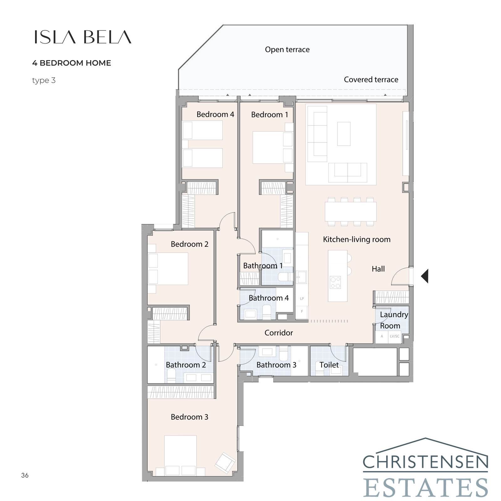 Distribución de vivienda de cuatro dormitorios, que proporciona un amplio espacio y múltiples baños para el máximo confort y lujo familiar.