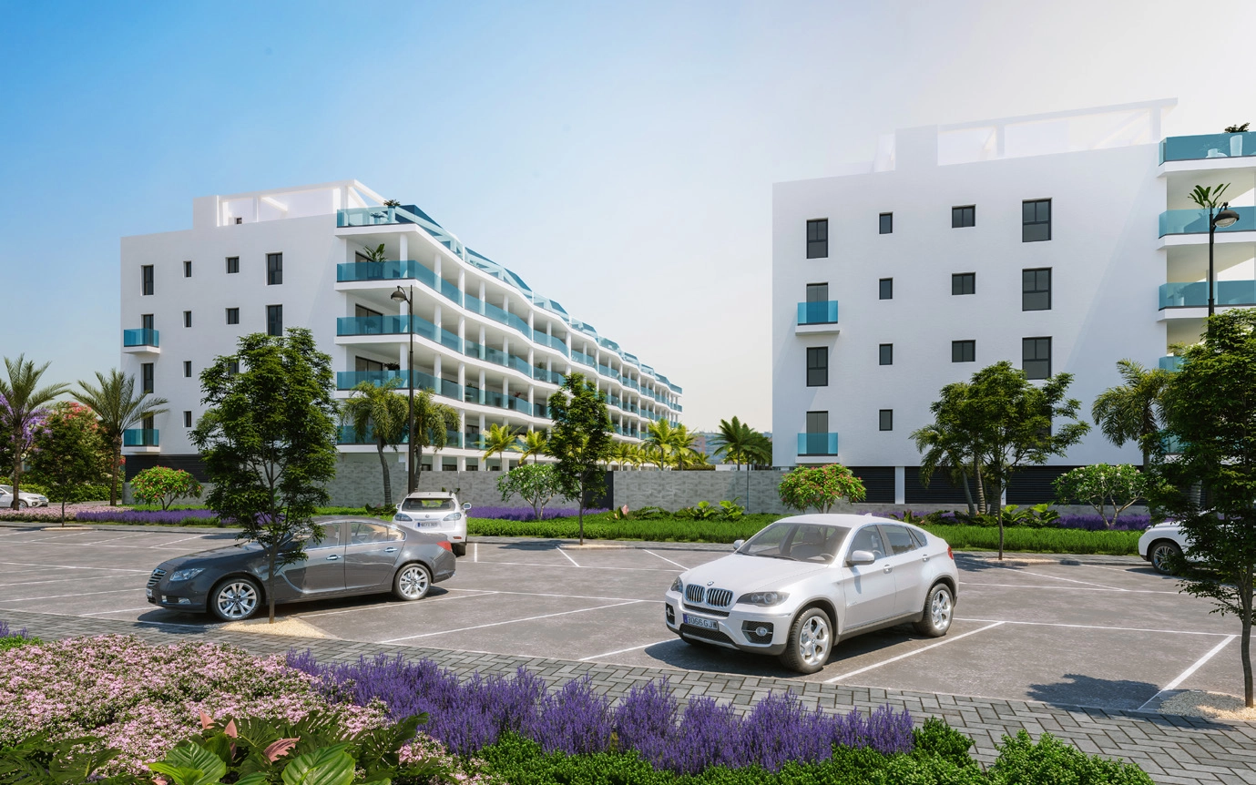 La arquitectura contemporánea de Jardines de las Lagunas, diseñada para la vida moderna en la Costa del Sol.