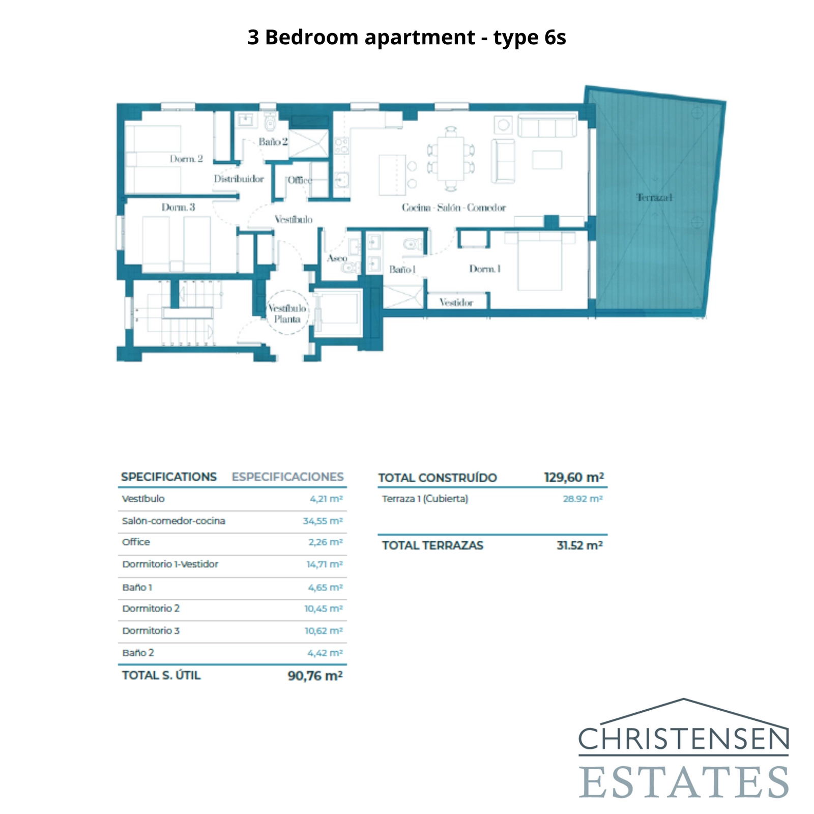 Plano de un amplio apartamento de 3 dormitorios, con un salón integrado y una generosa terraza privada.