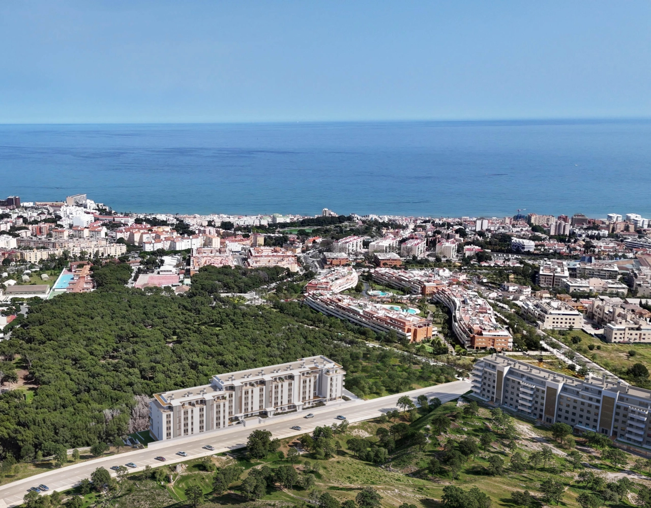 Vista aérea que muestra la ubicación privilegiada de la promoción, entre zonas verdes y el mar.