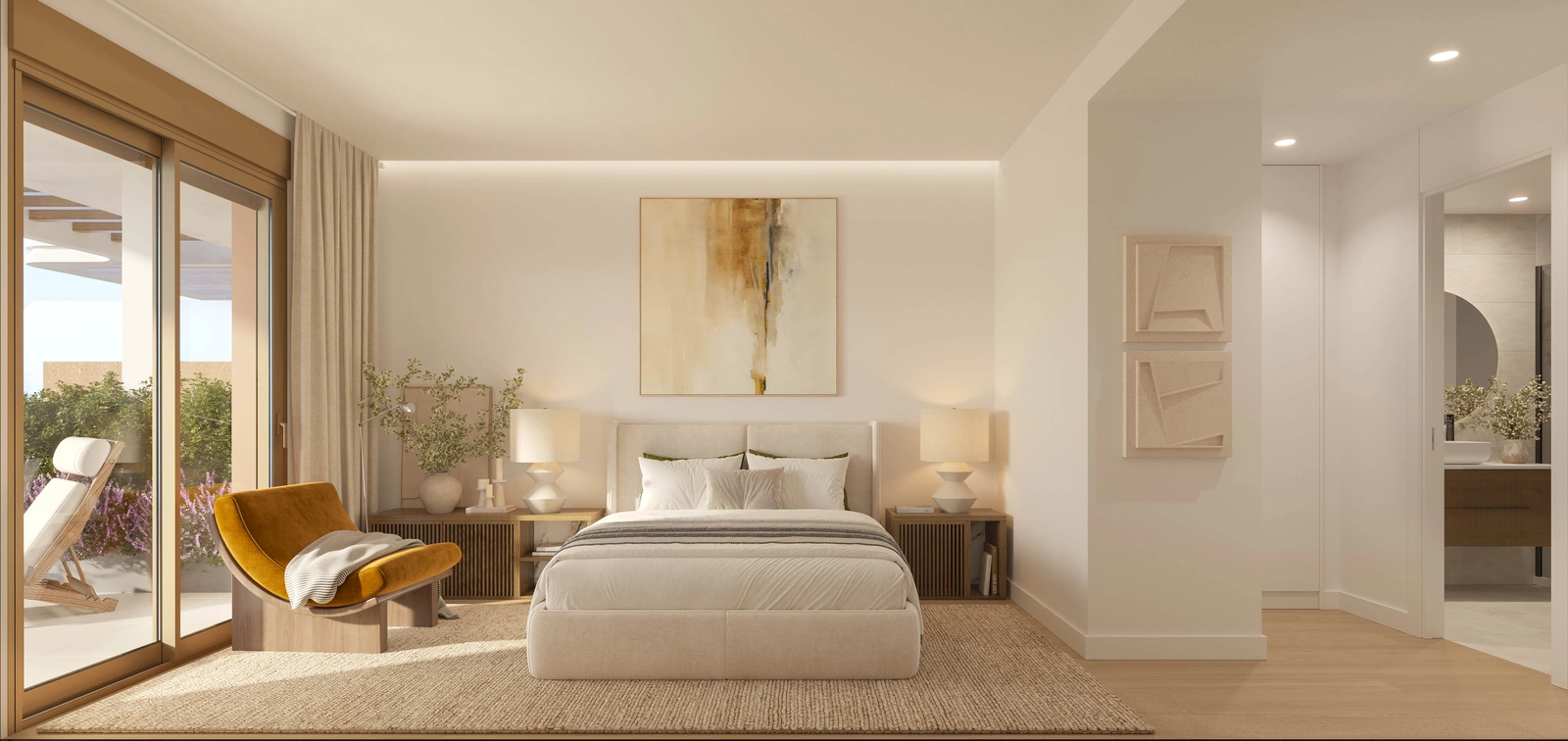 El dormitorio principal es un refugio tranquilo con acceso directo a una terraza privada.