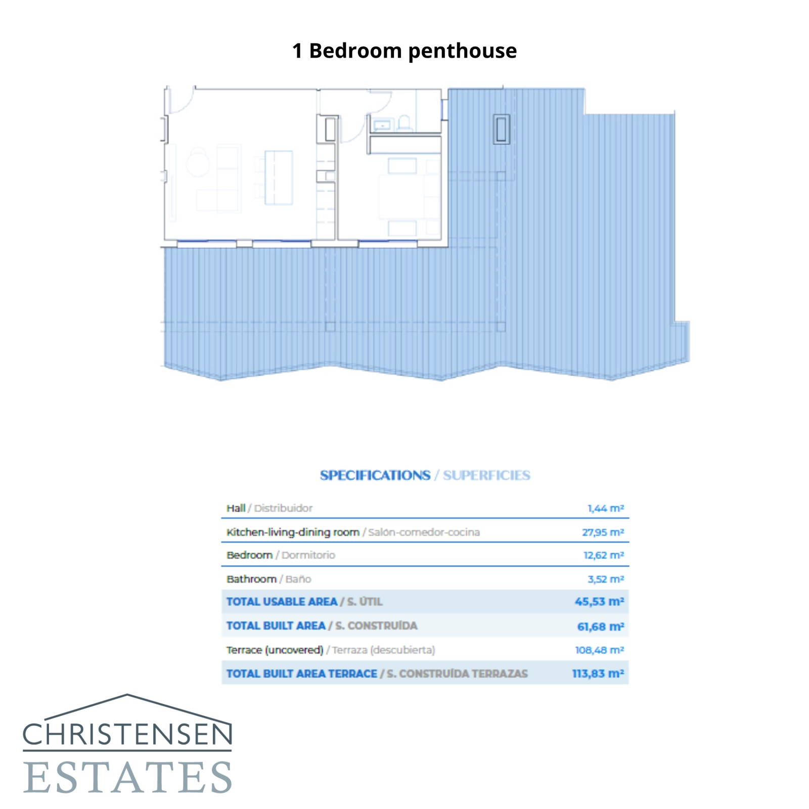 El plano del ático de un dormitorio, que cuenta con un generoso espacio de estar de planta abierta y una terraza excepcionalmente grande diseñada para un estilo de vida interior-exterior.