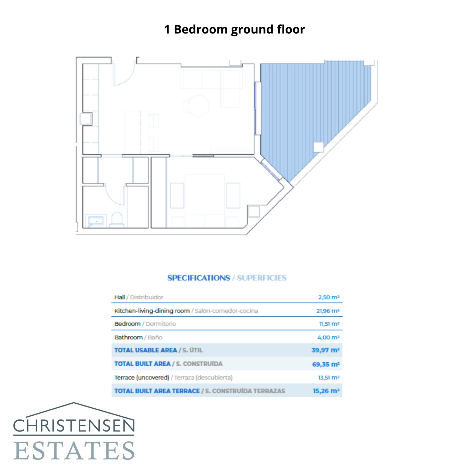 Este plano de planta baja de un dormitorio muestra un salón bien proporcionado que se extiende a una amplia terraza privada.