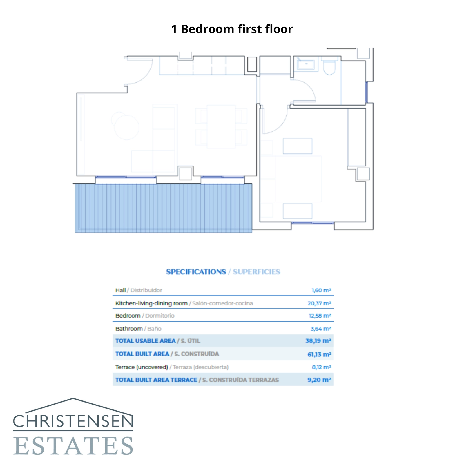 Un diseño de un dormitorio cuidadosamente concebido para los apartamentos de la primera planta, que equilibra un cómodo espacio interior con una agradable terraza privada.