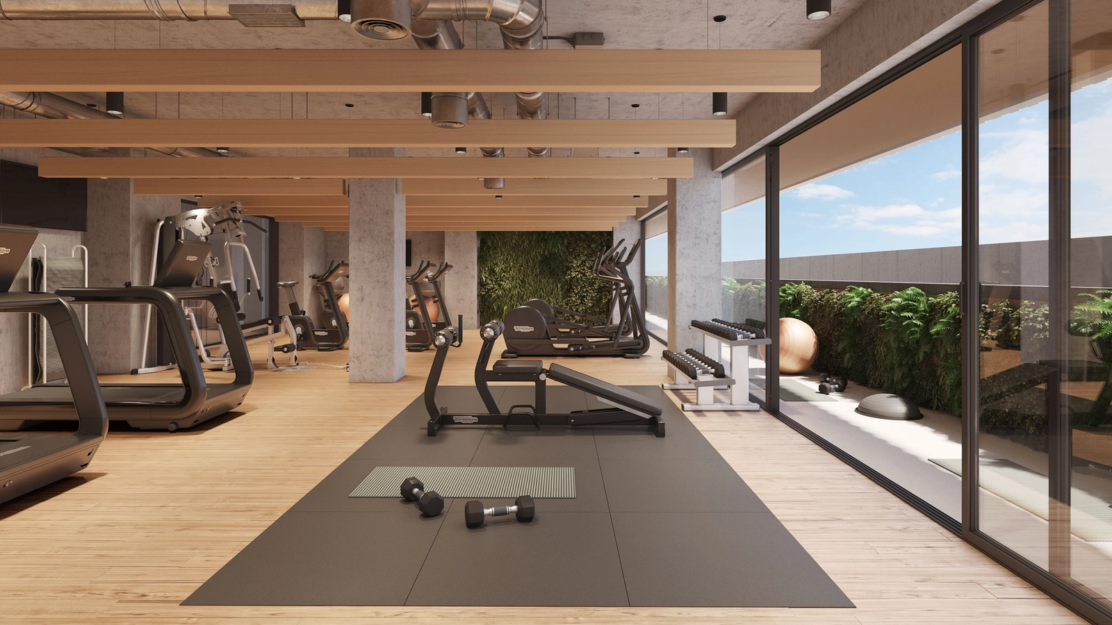 El gimnasio moderno y totalmente equipado, con vistas a los jardines, proporciona un espacio ideal para hacer ejercicio.