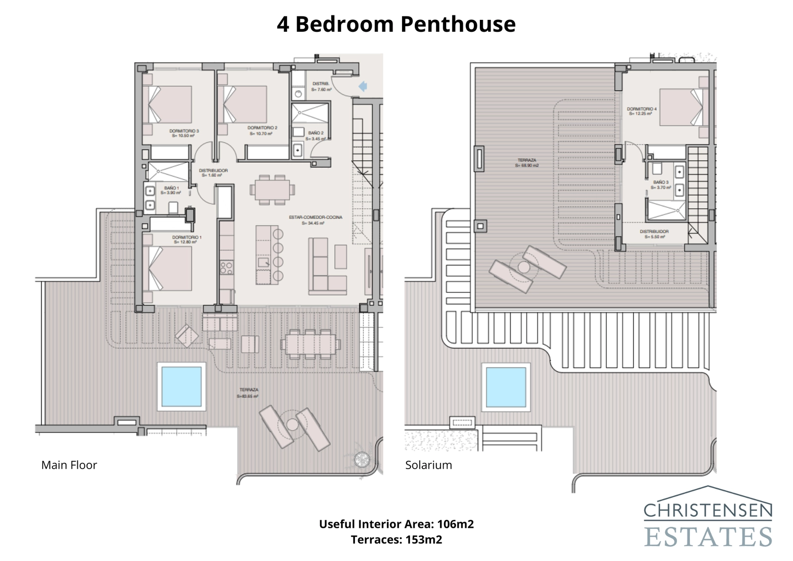 La espaciosa distribución del ático de cuatro dormitorios se extiende en dos plantas, con amplias terrazas y un solárium para el máximo estilo de vida de lujo.