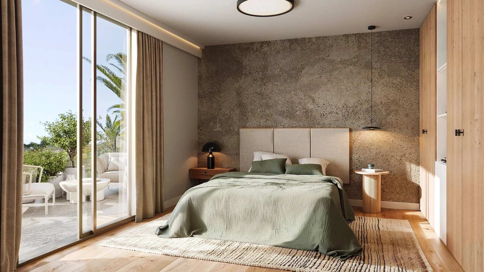 Los dormitorios principales ofrecen un refugio sereno, con acceso directo a espacios exteriores para disfrutar de su café matutino.