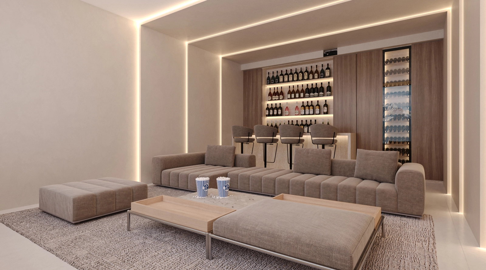 La versátil planta sótano incluye un sofisticado cine en casa y una zona de bar privada.