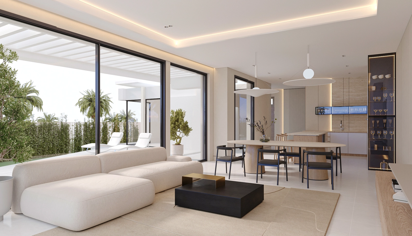 La luminosa zona de salón y comedor de planta abierta conecta a la perfección con la terraza exterior.