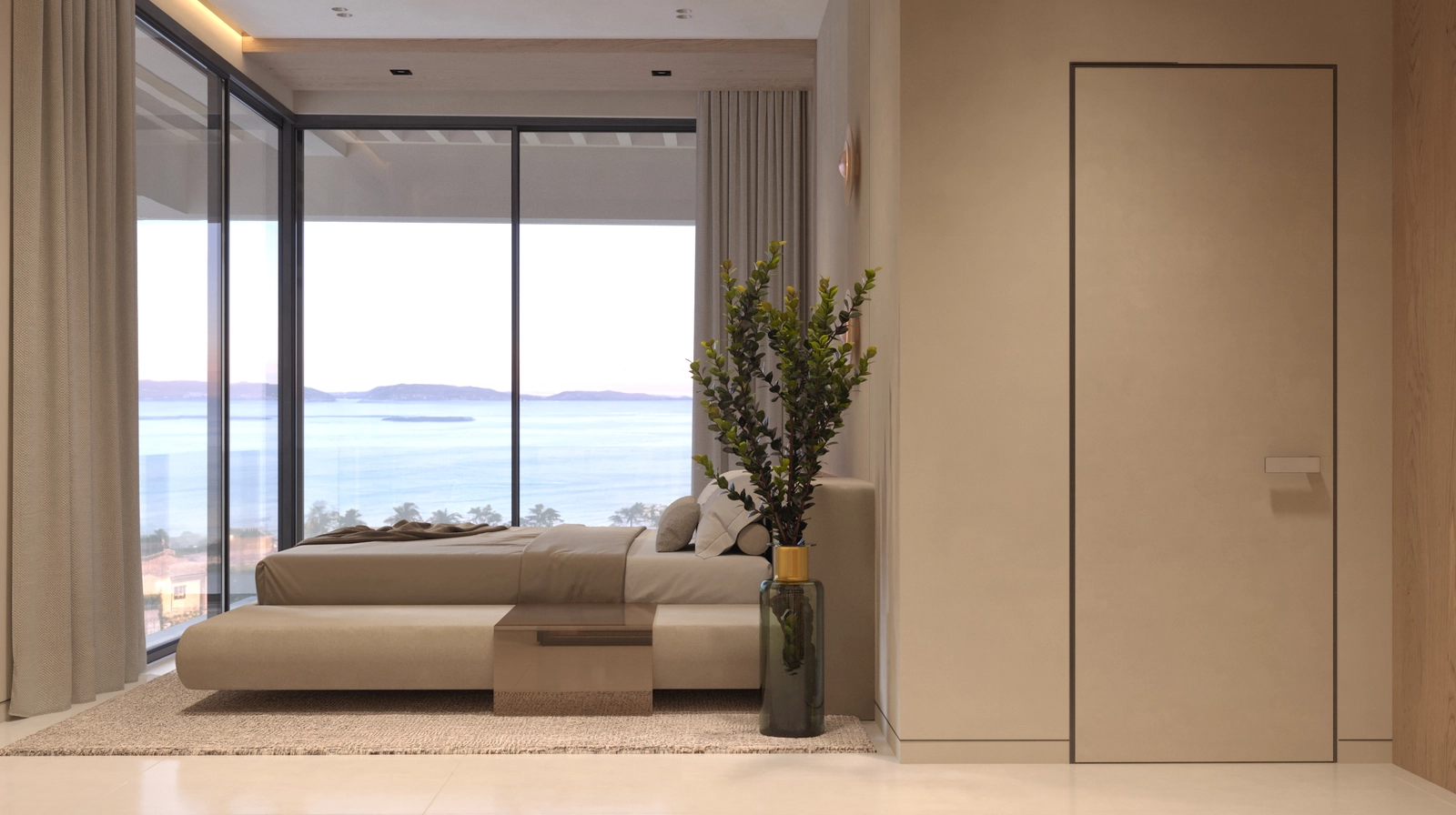 Despiértese con impresionantes vistas al mar desde la comodidad de su dormitorio de diseño elegante.