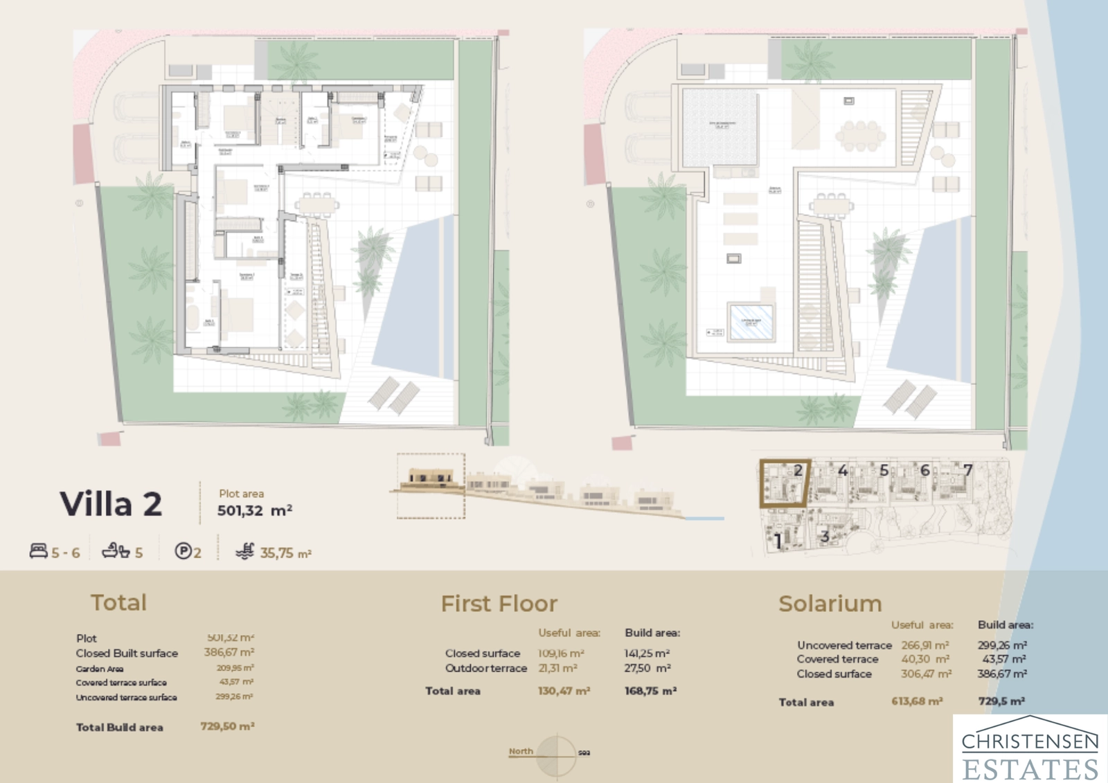 Planos de la planta superior de la Villa 2, con múltiples suites de dormitorios y un amplio solárium en la azotea.