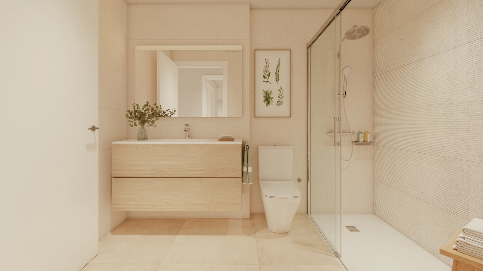 Elegantes baños con acabados de alta calidad y duchas a ras de suelo crean un ambiente de spa en su propio hogar.
