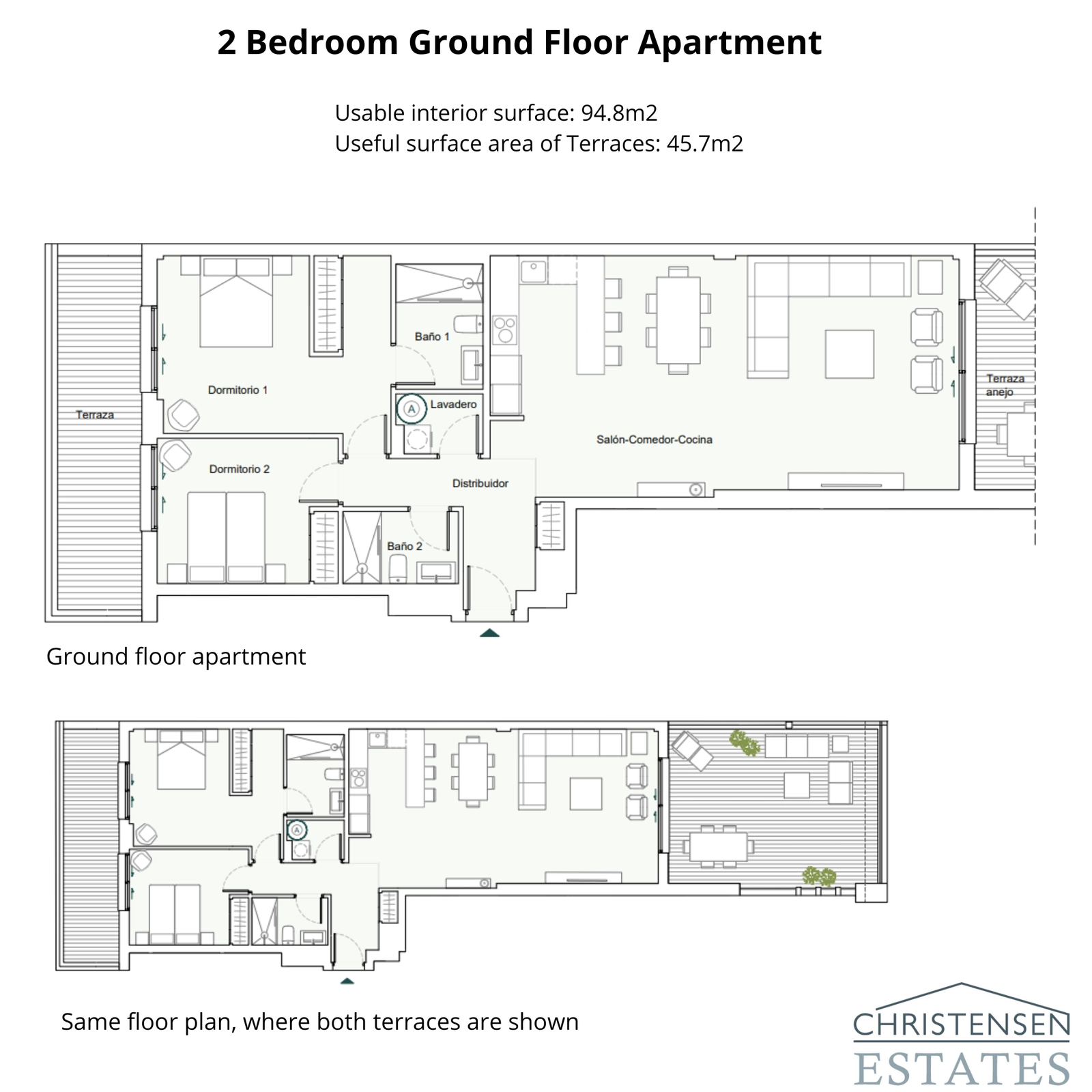 Esta distribución de piso de planta baja de dos dormitorios muestra un diseño inteligente con una sala de estar de planta abierta que se conecta a dos terrazas separadas, mejorando el estilo de vida interior-exterior.