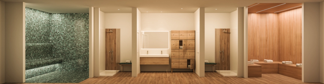El spa para residentes incluye sauna y baño turco, ofreciendo un espacio privado para el bienestar y el rejuvenecimiento.