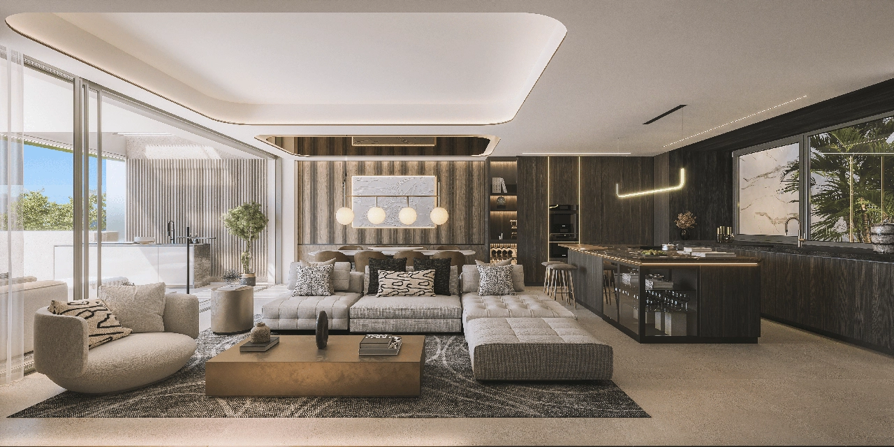 Una sofisticada cocina con electrodomésticos de primera calidad se integra a la perfección con los espacios de salón y comedor.