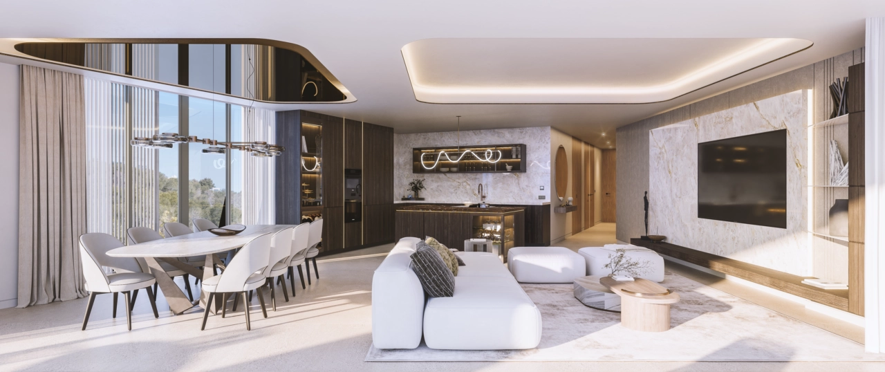 La luz del sol inunda las elegantes zonas de comedor y salón, creando un ambiente luminoso y acogedor para familiares y amigos.