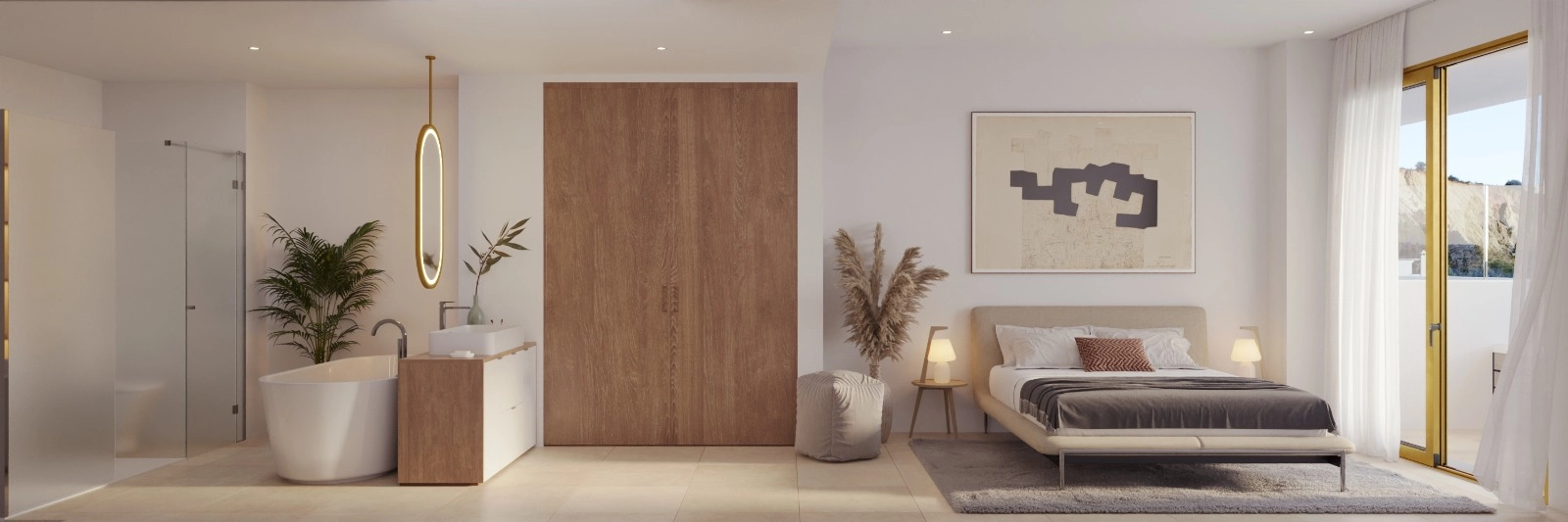 La suite del dormitorio principal ofrece un refugio sereno con un elegante diseño de baño abierto.