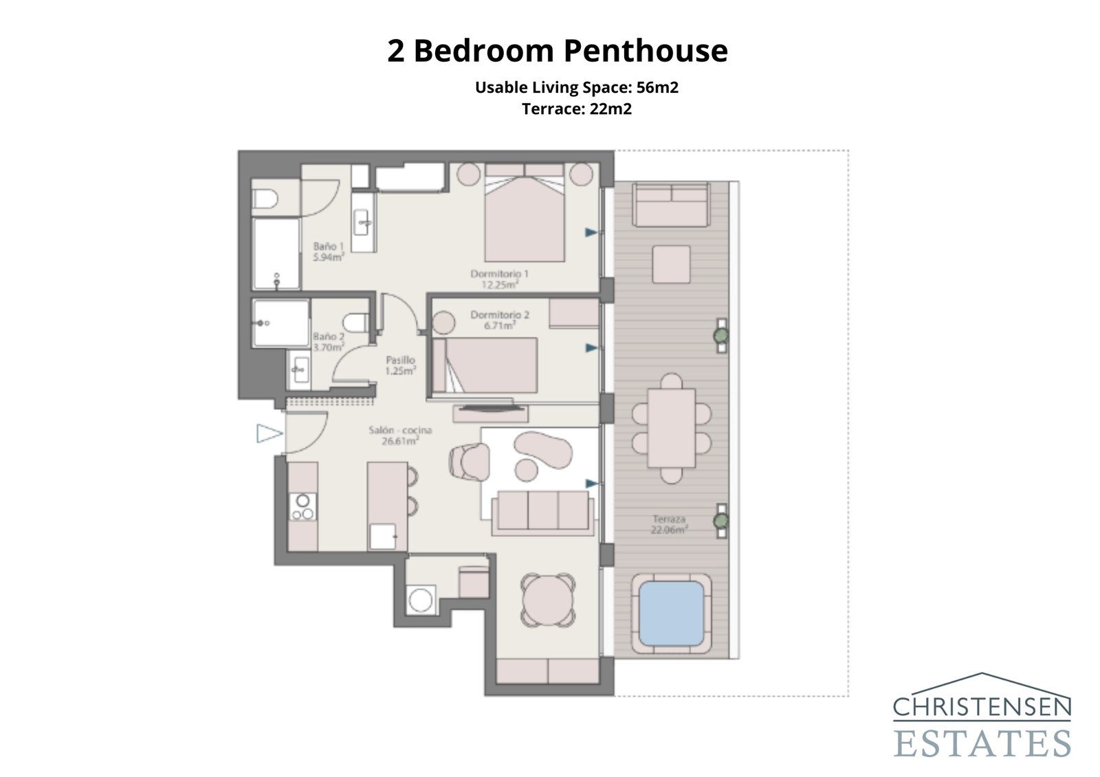 La distribución del ático de dos dormitorios ofrece un uso eficiente del espacio, dando acceso a una terraza privada con excelentes vistas.