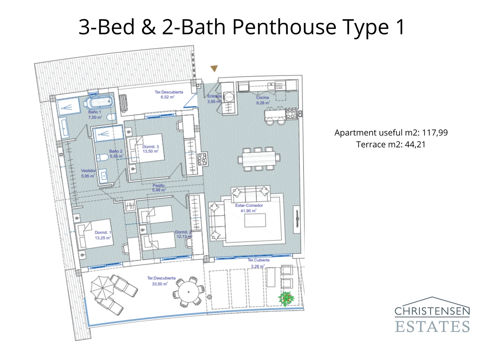 Este ático de 3 dormitorios presenta una distribución inteligente en una sola planta, con amplias zonas de estar y grandes terrazas para maximizar el disfrute de las vistas.