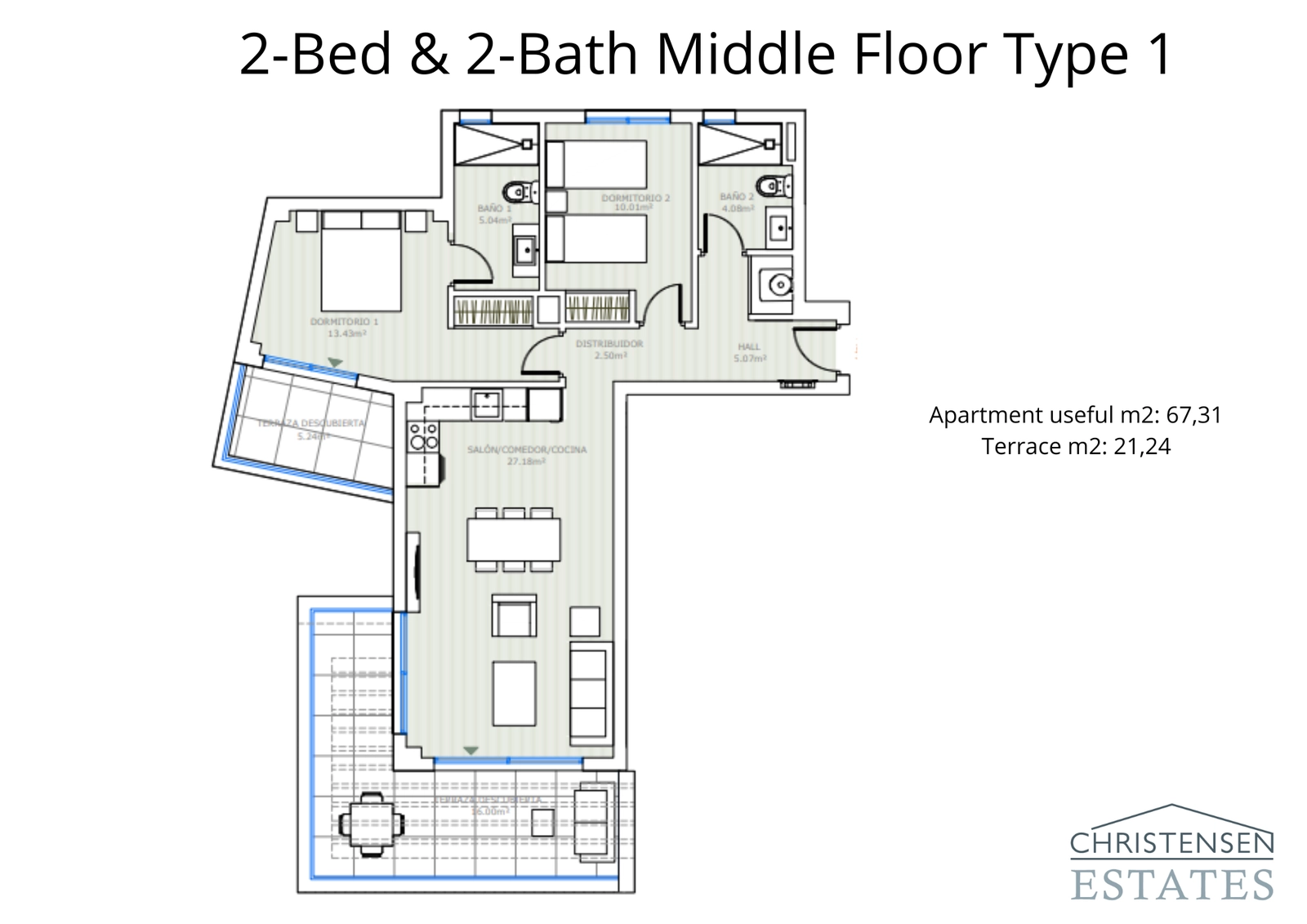 Este plano de apartamento de dos dormitorios en planta intermedia muestra un uso eficiente del espacio con una generosa terraza para disfrutar del agradable clima.