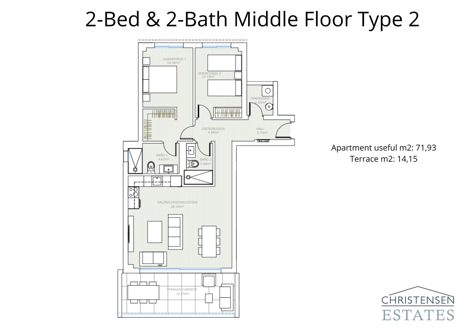 Un plano alternativo de apartamento de dos dormitorios en planta intermedia, que ofrece una distribución diferente para adaptarse a diversas preferencias de estilo de vida.