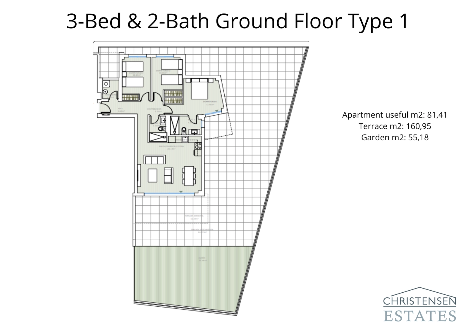 Una espaciosa residencia de tres dormitorios en planta baja, completa con una amplia terraza y un jardín privado para una vida al aire libre inmejorable.