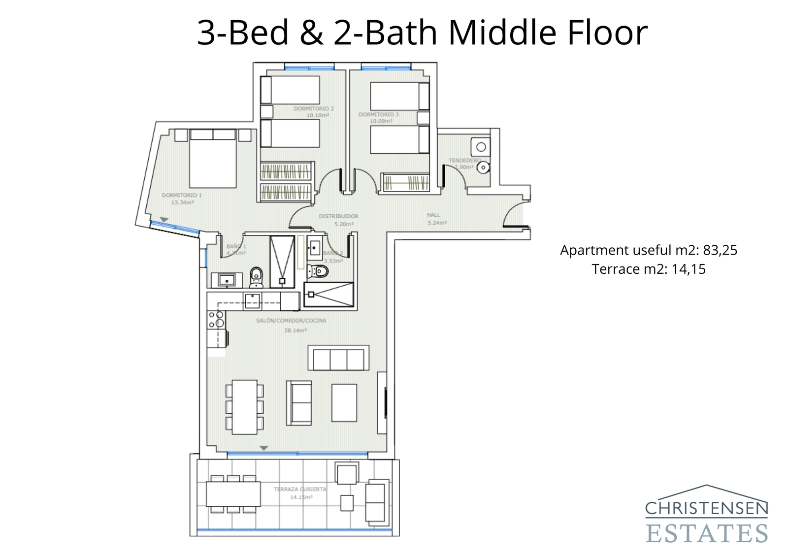 Una vivienda de tres dormitorios bien diseñada en planta intermedia con una distribución cómoda y una terraza privada para disfrutar de las vistas.
