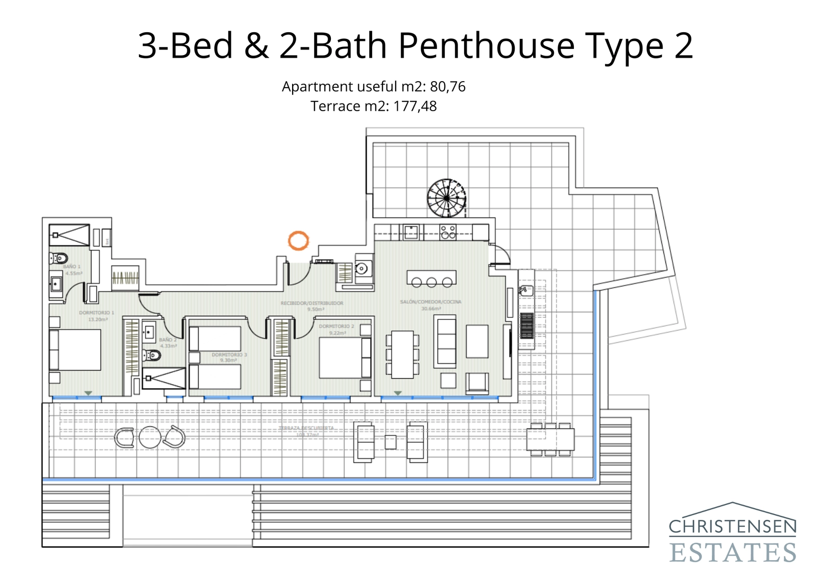Un impresionante plano de ático de tres dormitorios con una vasta terraza, perfecto para el entretenimiento y para disfrutar de las vistas panorámicas de la Costa del Sol.