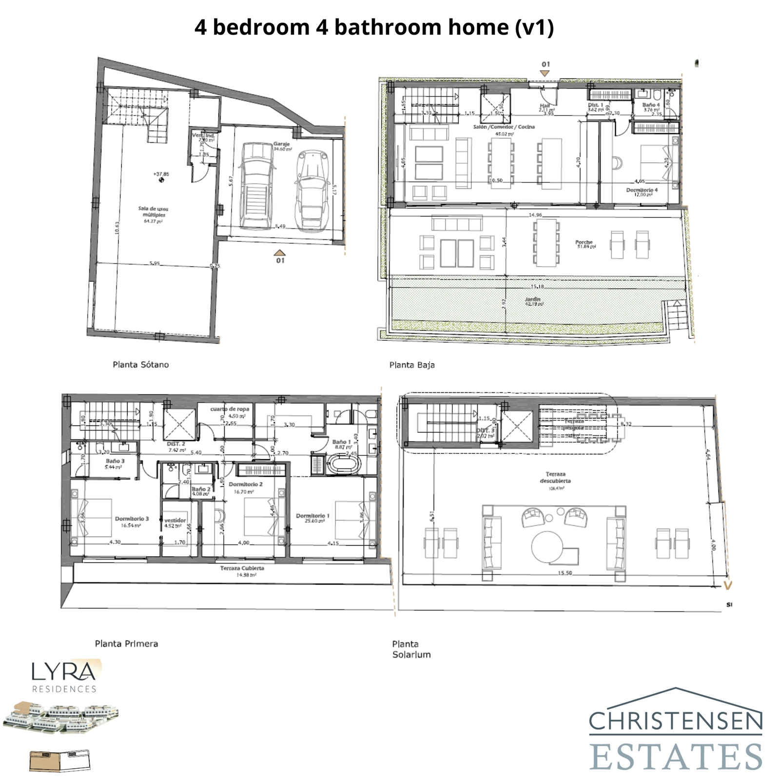 Este plano de planta de cuatro niveles muestra una espaciosa vivienda de 4 dormitorios, detallando el garaje privado, la zona de estar de planta abierta, los dormitorios y el amplio solárium en la azotea.