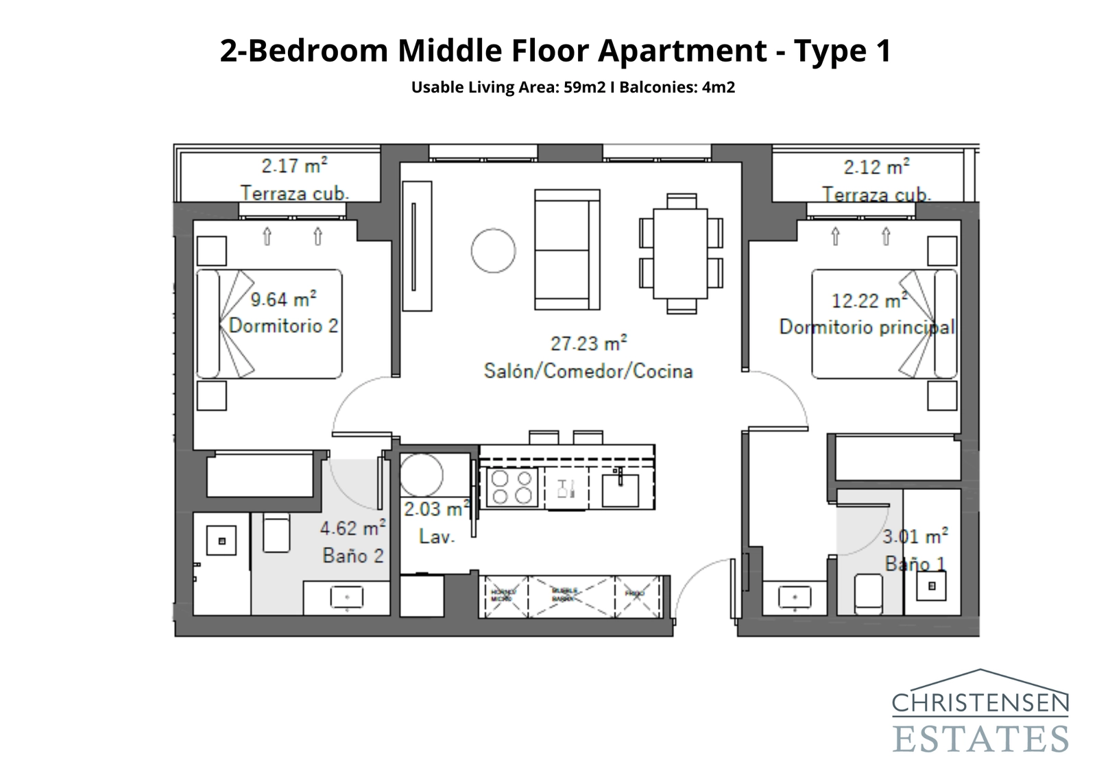 Esta distribución de dos dormitorios cuenta con balcones en cada dormitorio, creando espacios exteriores privados para la relajación.