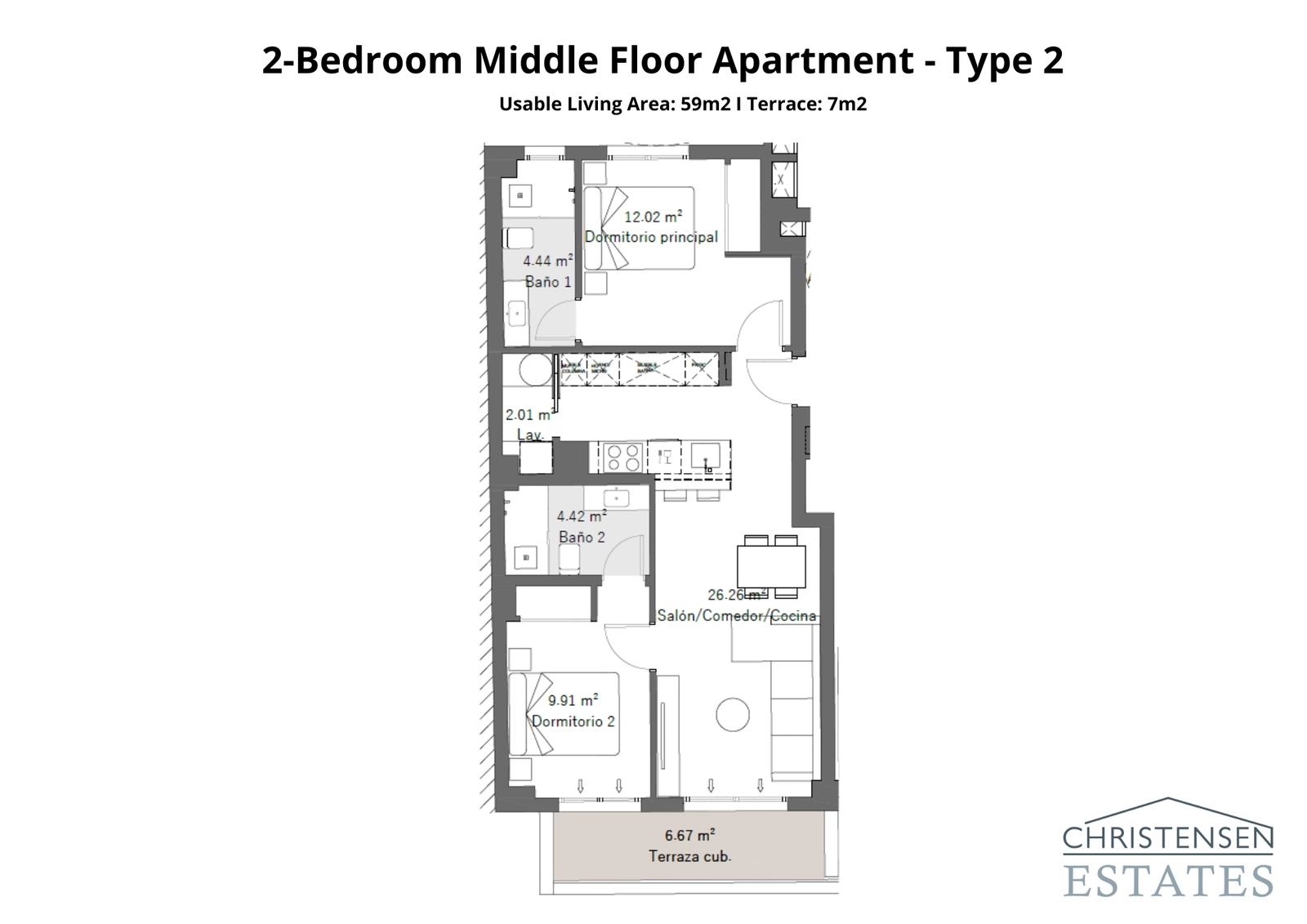 Un apartamento de dos dormitorios bien diseñado con una espaciosa zona de estar que se abre a una generosa terraza cubierta.