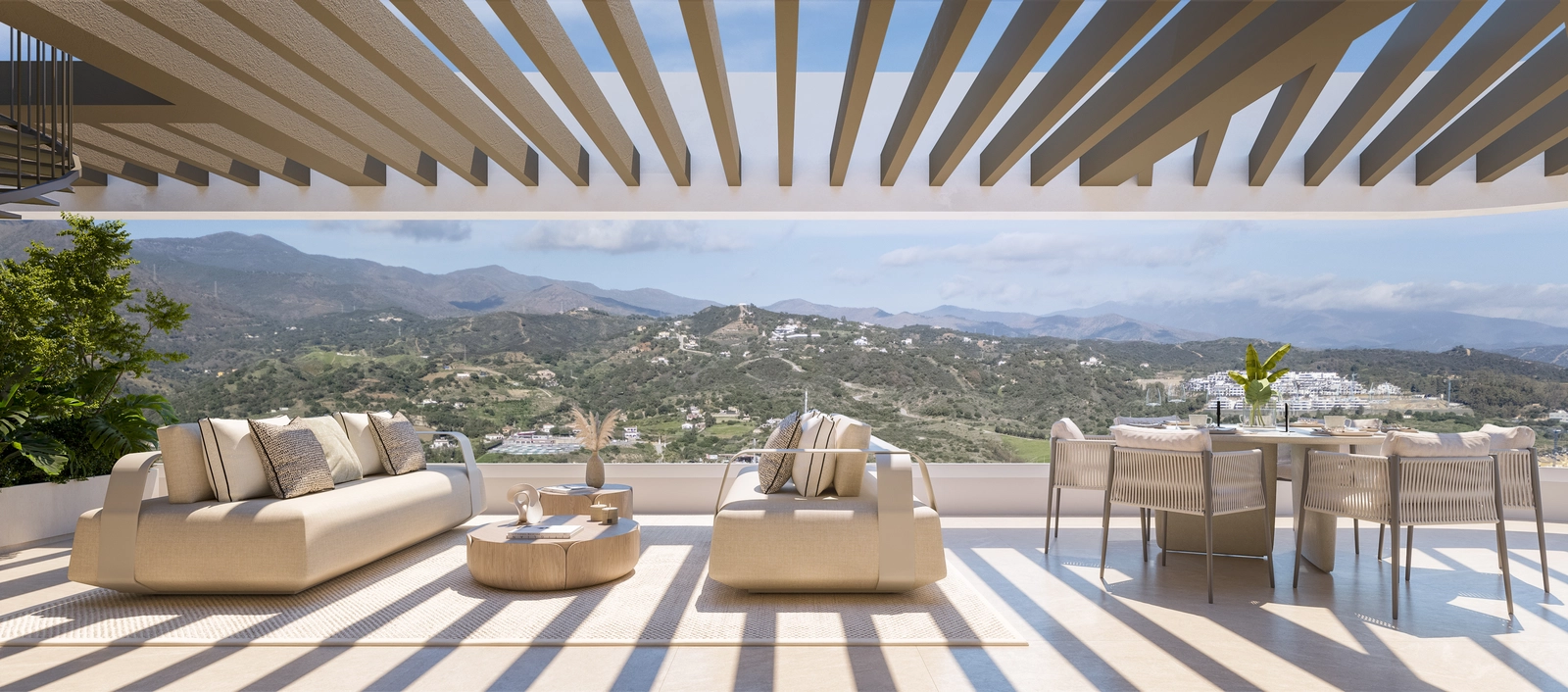 Relájese en su terraza privada y disfrute de unas vistas espectaculares de la Sierra Bermeja, un telón de fondo perfecto para momentos de paz.
