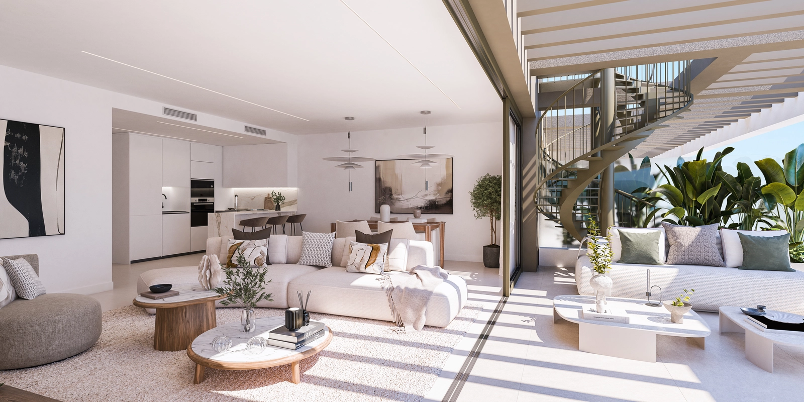 La luz del sol inunda el elegante salón, que se conecta a la perfección con la terraza exterior, creando un estilo de vida interior-exterior ideal.