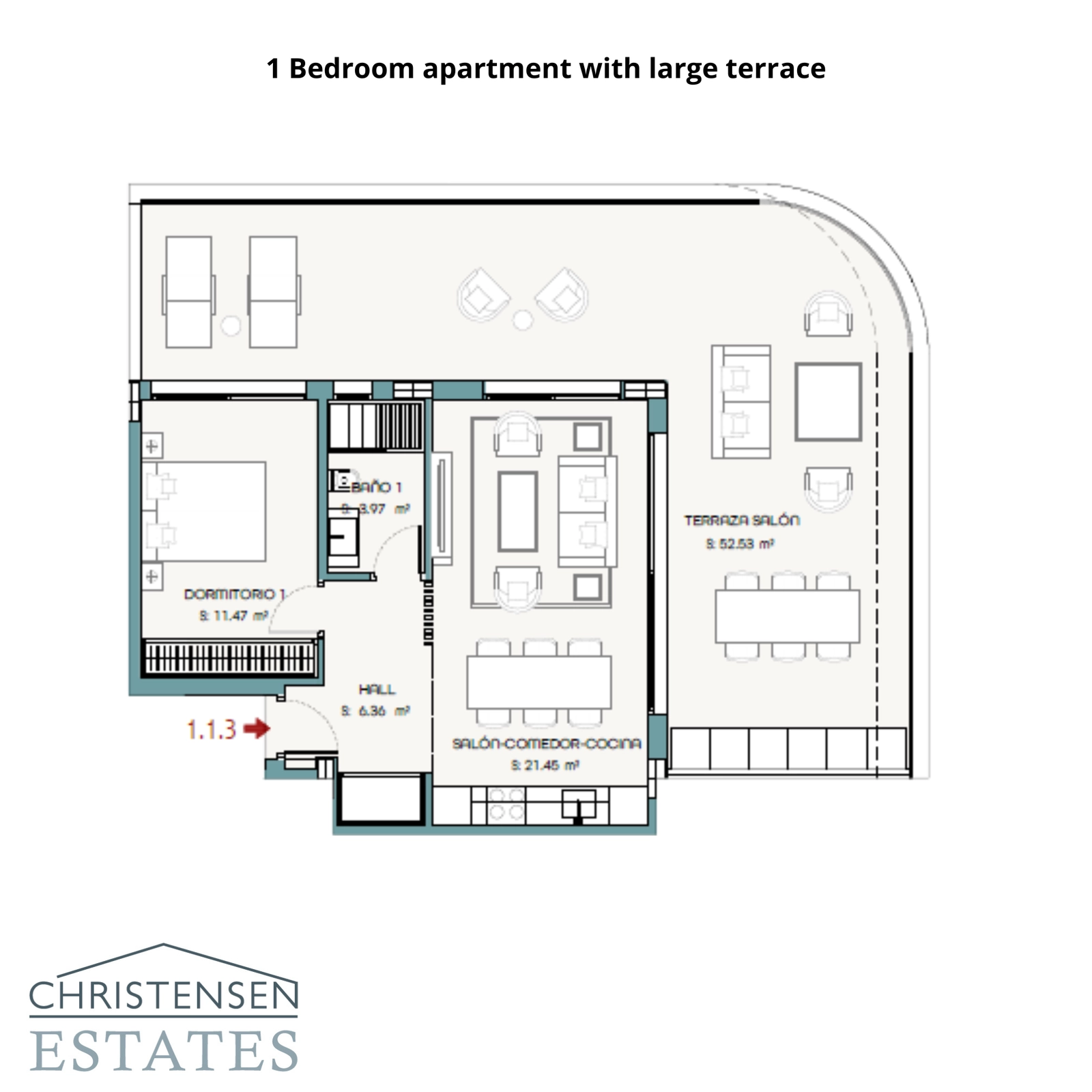 Plano de un apartamento de un dormitorio, con una generosa zona de estar de planta abierta que se extiende a una terraza muy grande, perfecta para disfrutar de las vistas.