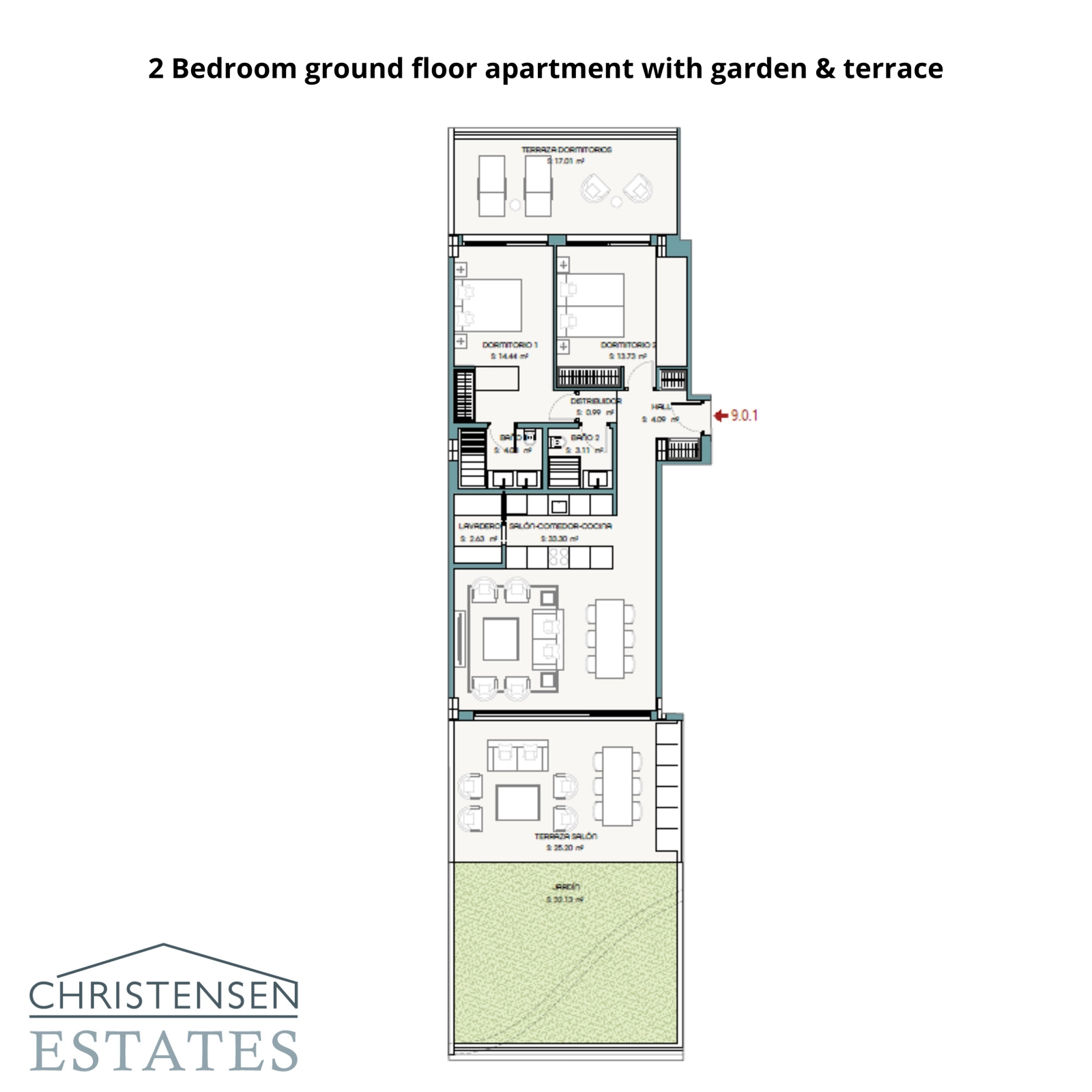 Este plano de un piso de dos dormitorios en planta baja muestra una distribución espaciosa con acceso directo a un jardín privado y terraza, ofreciendo una experiencia de vida interior-exterior sin interrupciones.