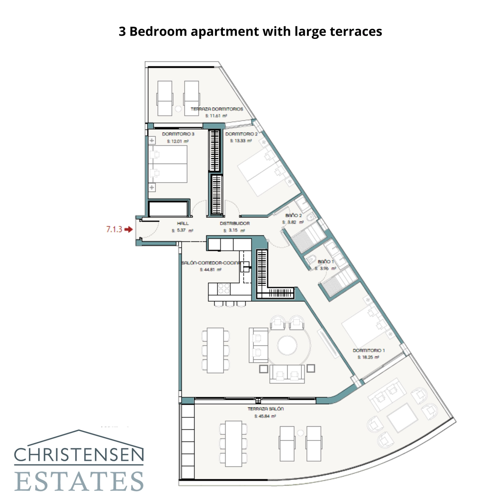 Un plano de apartamento de tres dormitorios bien diseñado, con dos grandes terrazas para maximizar la luz, el espacio y el acceso a las hermosas vistas al mar y la montaña.
