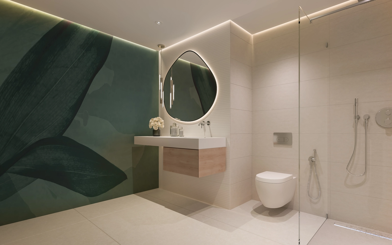 Un baño elegante y contemporáneo con materiales de alta calidad y accesorios modernos.