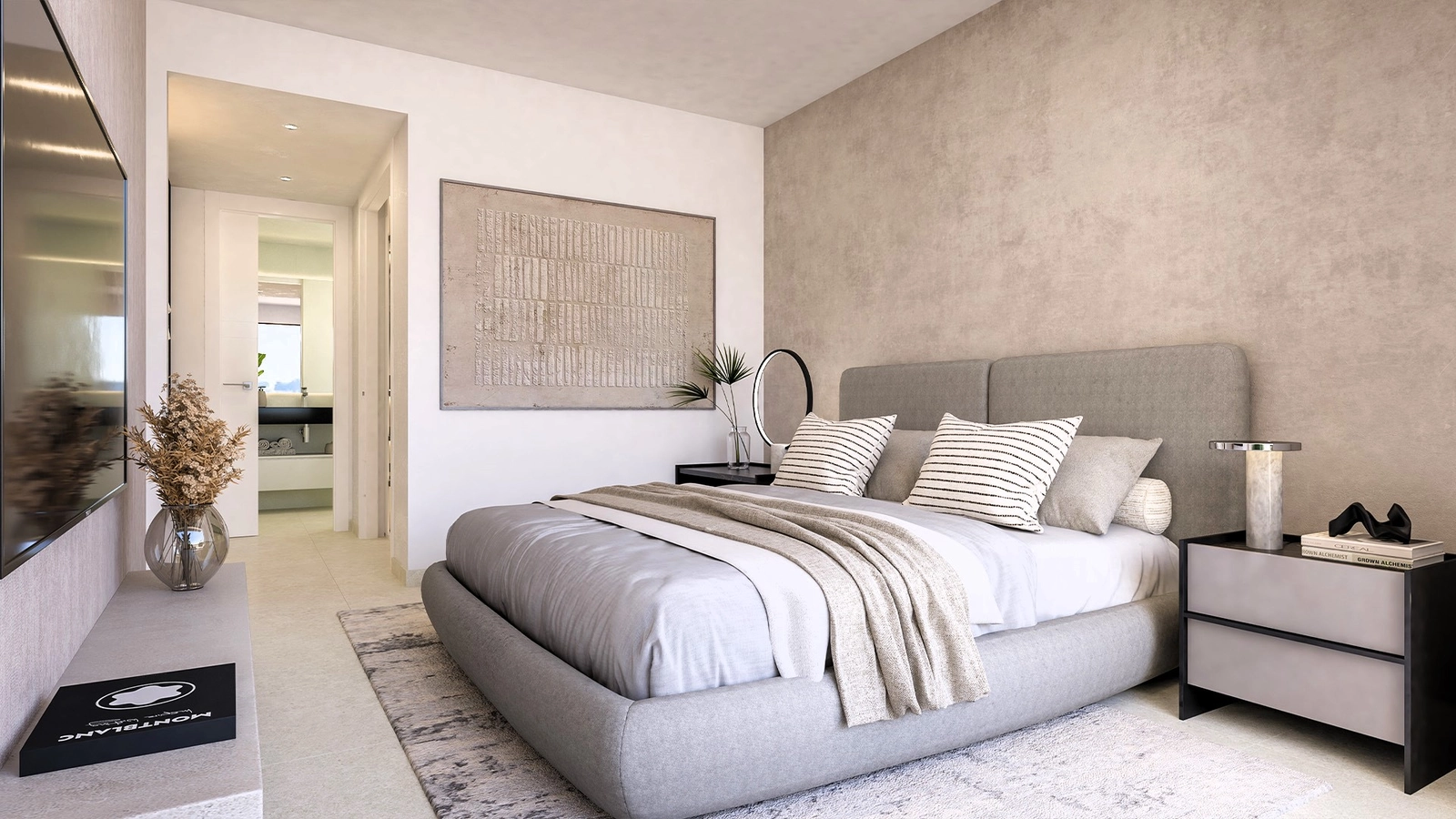 Un dormitorio elegante y tranquilo en uno de los chalets, que ofrece un refugio de paz después de un día de sol.
