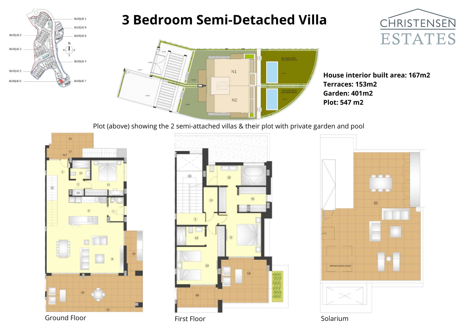 Este plano detalla las dos plantas y el solárium de un chalet adosado de tres dormitorios, mostrando su generosa parcela con jardín y piscina privados.
