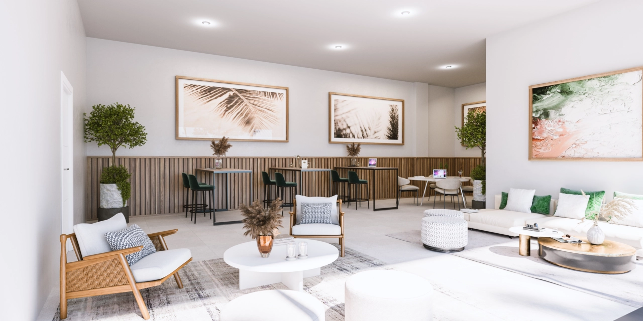 Un espacio de coworking cómodo y elegante permite a los residentes trabajar o reunirse sin salir de casa.