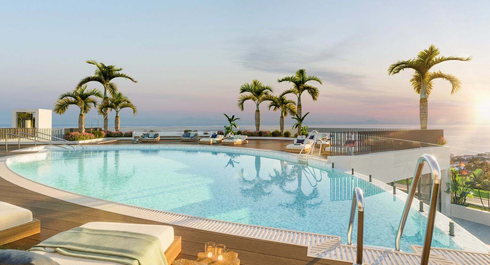 Disfrute de impresionantes puestas de sol desde la hermosa zona de la piscina comunitaria.