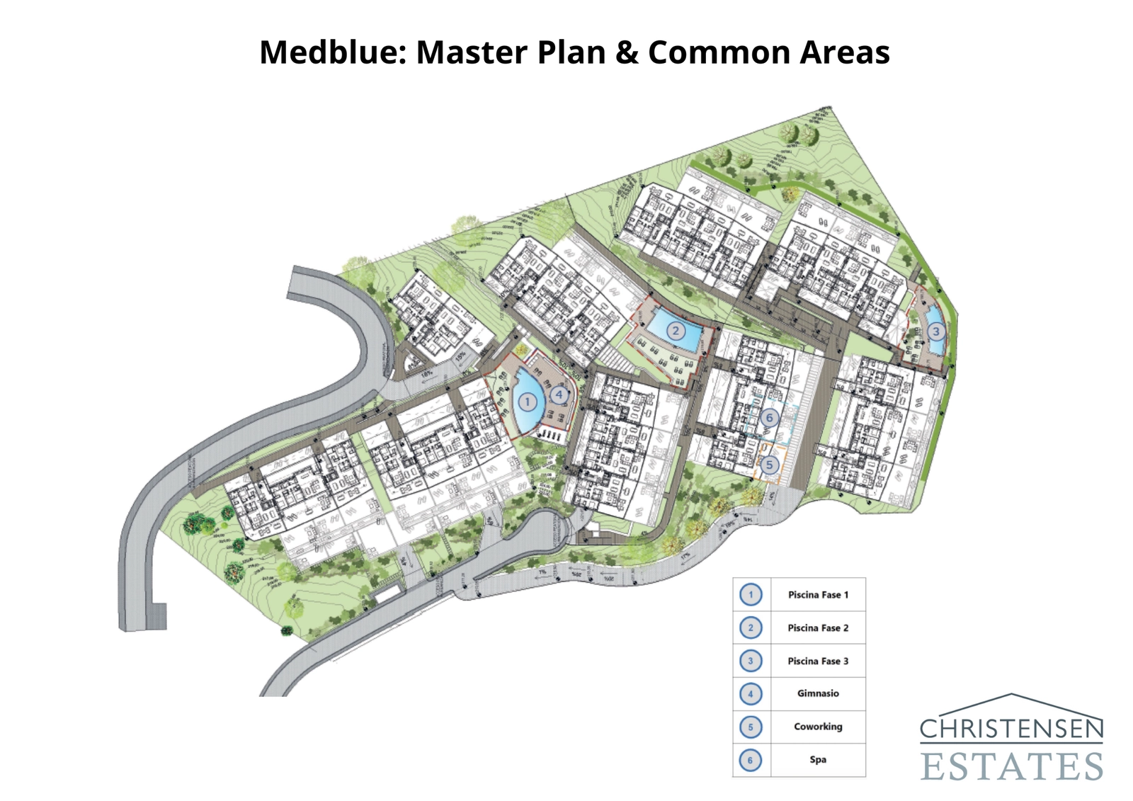 El plan maestro ilustra la cuidada distribución de la comunidad, incluyendo piscinas, gimnasio, spa y zonas de coworking dentro de jardines paisajísticos.