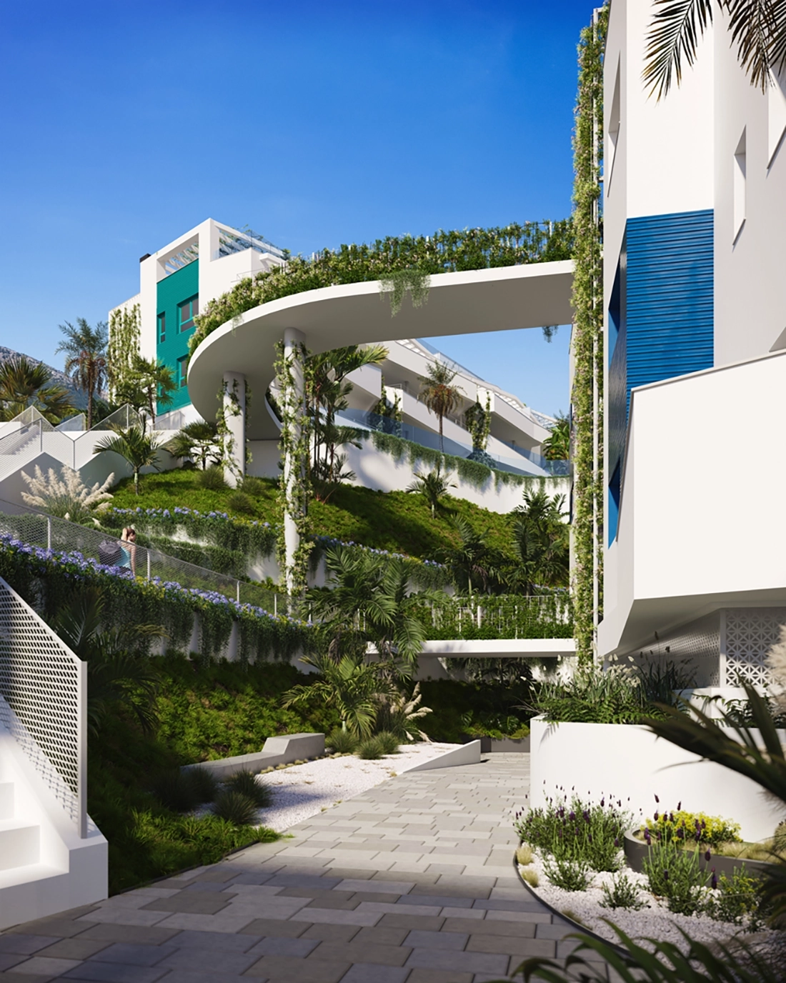 Jardines y senderos bellamente diseñados realzan la tranquilidad de la comunidad.