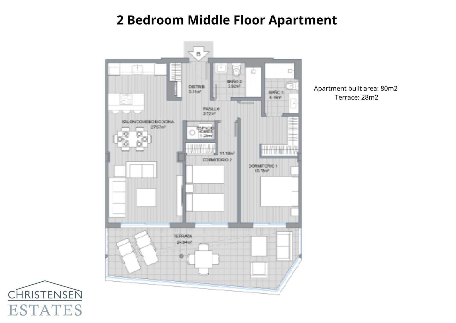 Un plano de apartamento de dos dormitorios bien diseñado, que ofrece una distribución cómoda con una zona de estar de planta abierta y una amplia terraza.