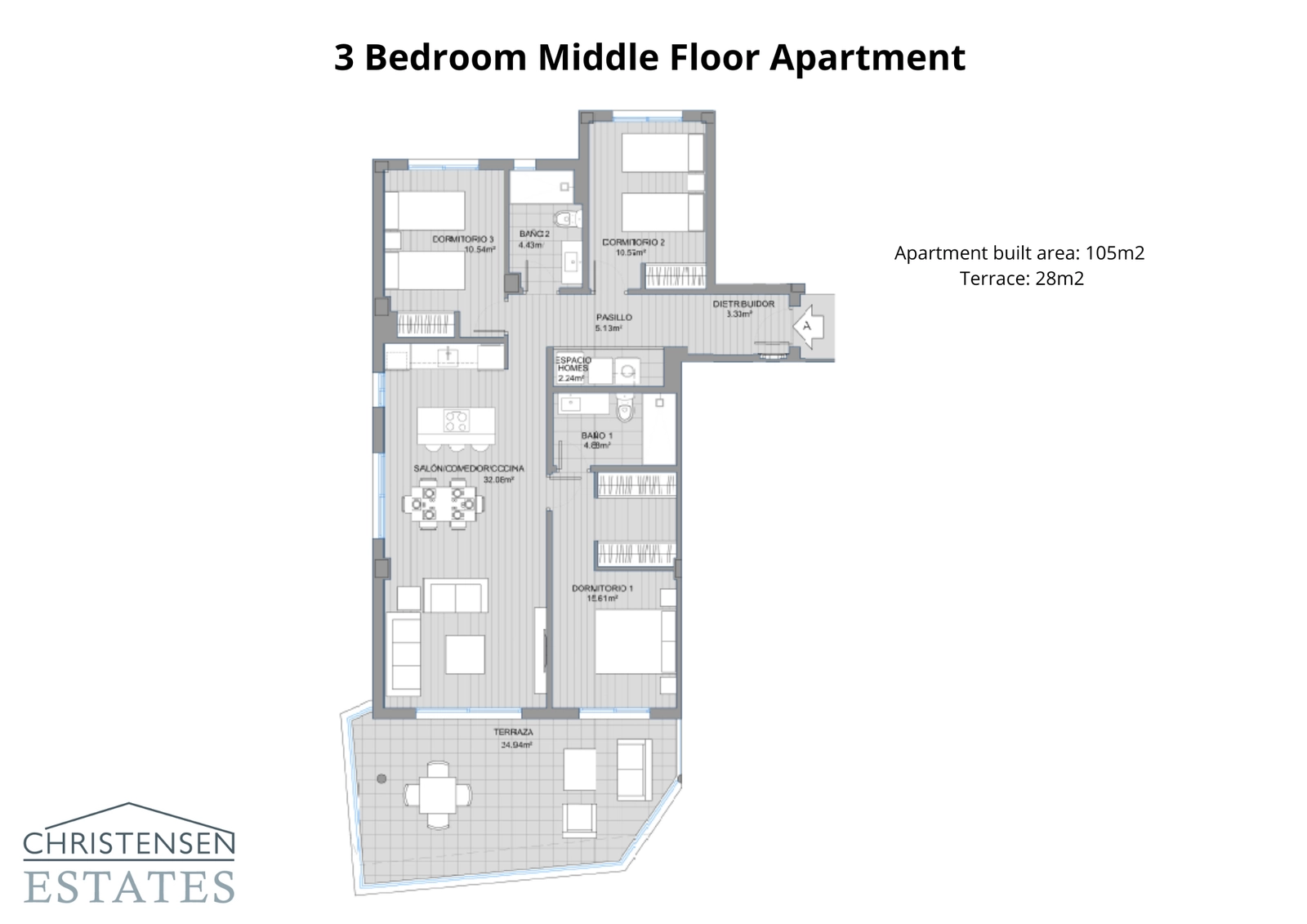 El plano de una vivienda de tres dormitorios en planta intermedia, diseñada para una vida moderna con amplio espacio y luz natural.