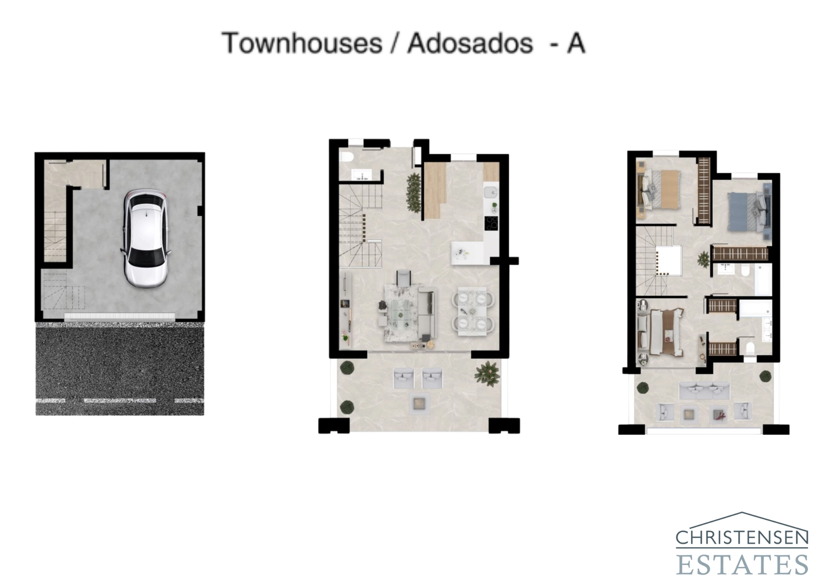 Plano de distribución para el chalet adosado Tipo A, mostrando tres plantas que incluyen el garaje privado, la zona de estar de planta abierta y los dormitorios.