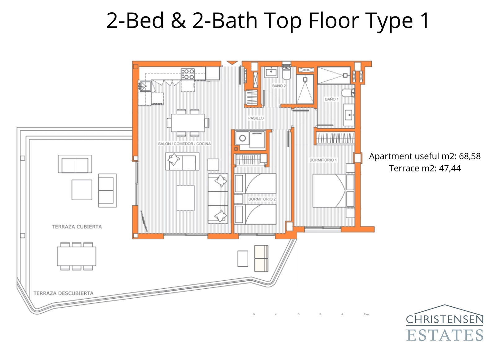 Una excelente distribución en planta superior con dos dormitorios y una terraza excepcionalmente grande, ideal para cenar al aire libre y disfrutar del clima español.