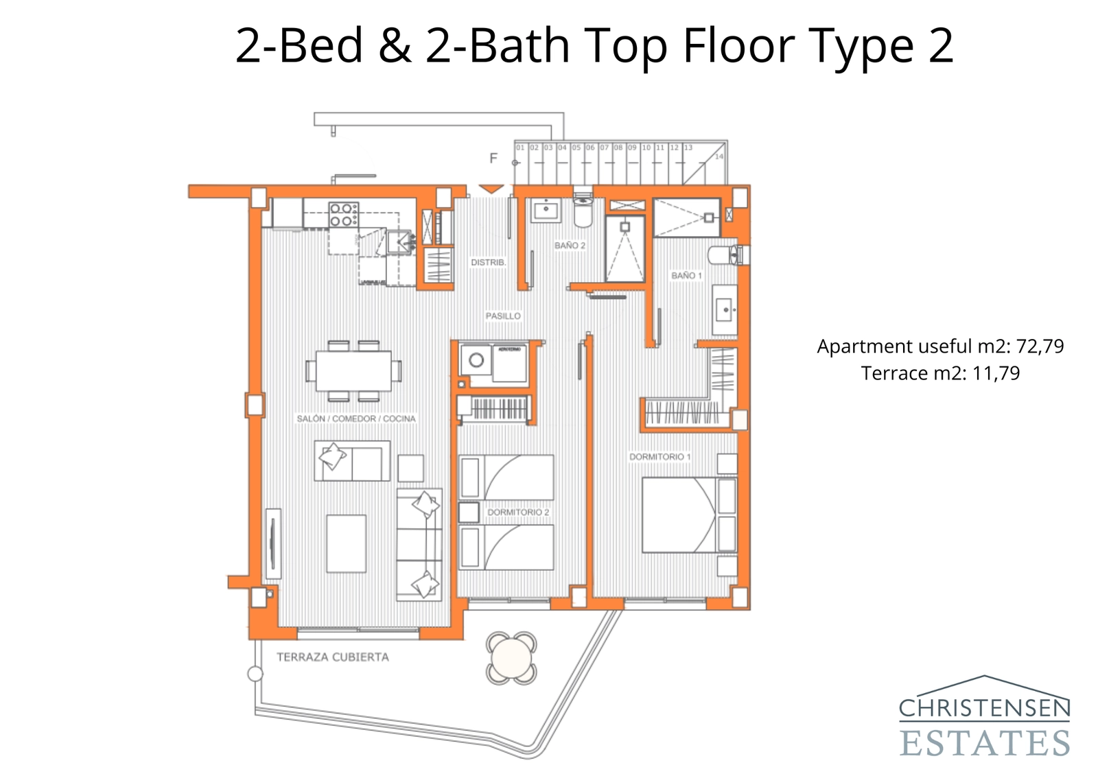 Este eficiente diseño de apartamento en planta superior ofrece dos cómodos dormitorios y una conexión fluida desde el espacio interior a la terraza privada.
